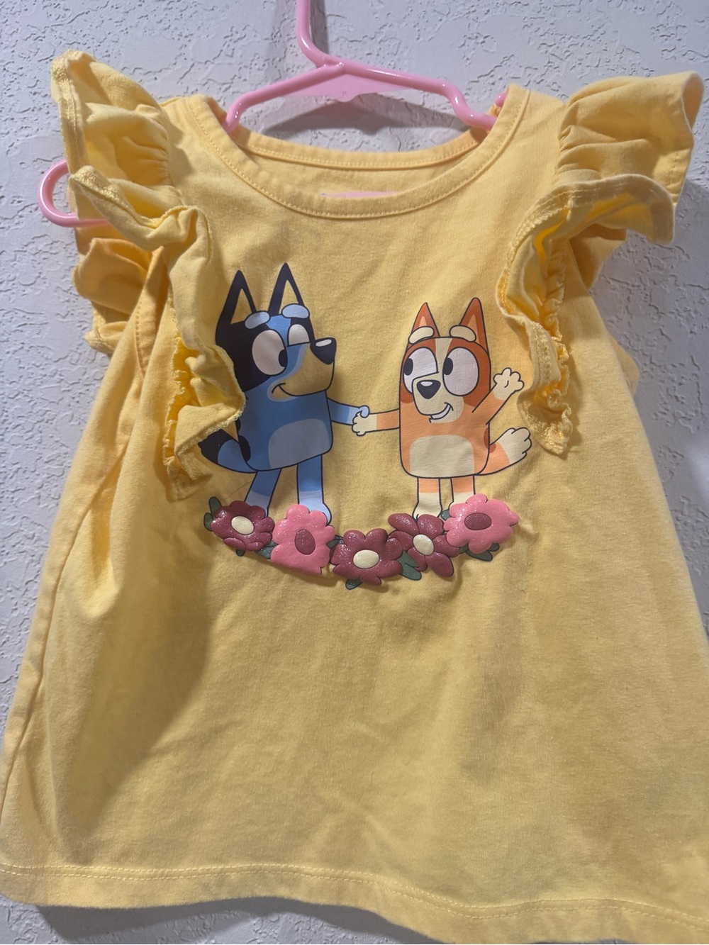 Girls' Yellow Flutter Sleeve Tee with Character Print bluey summer flower shirt